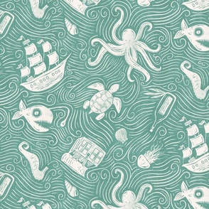 Underwater Ocean Adventure - turquoise and cream textured block print - medium