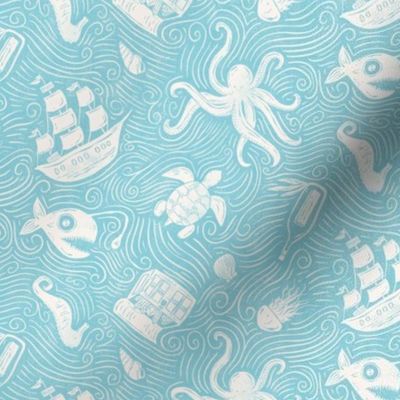 Underwater Ocean Adventure - bright blue and cream textured block print - small