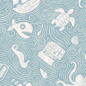 Underwater Ocean Adventure - muted blue and cream textured block print - large