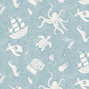 Underwater Ocean Adventure - muted blue and cream textured block print - medium