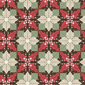 [L] Red Poinsettia Holly Berries Christmas - Mahogany Brown #P240321