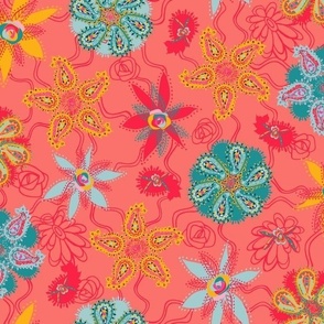 Paisley Beach Boho  Flowers - Zesty Orange Coral/Juicy Red/Fresh Mint - 12 inch