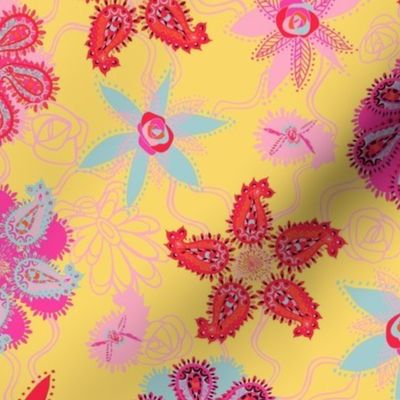 Paisley Beach Boho  Flowers - Lemon/Candy Pink/Juicy Red - 12 inch