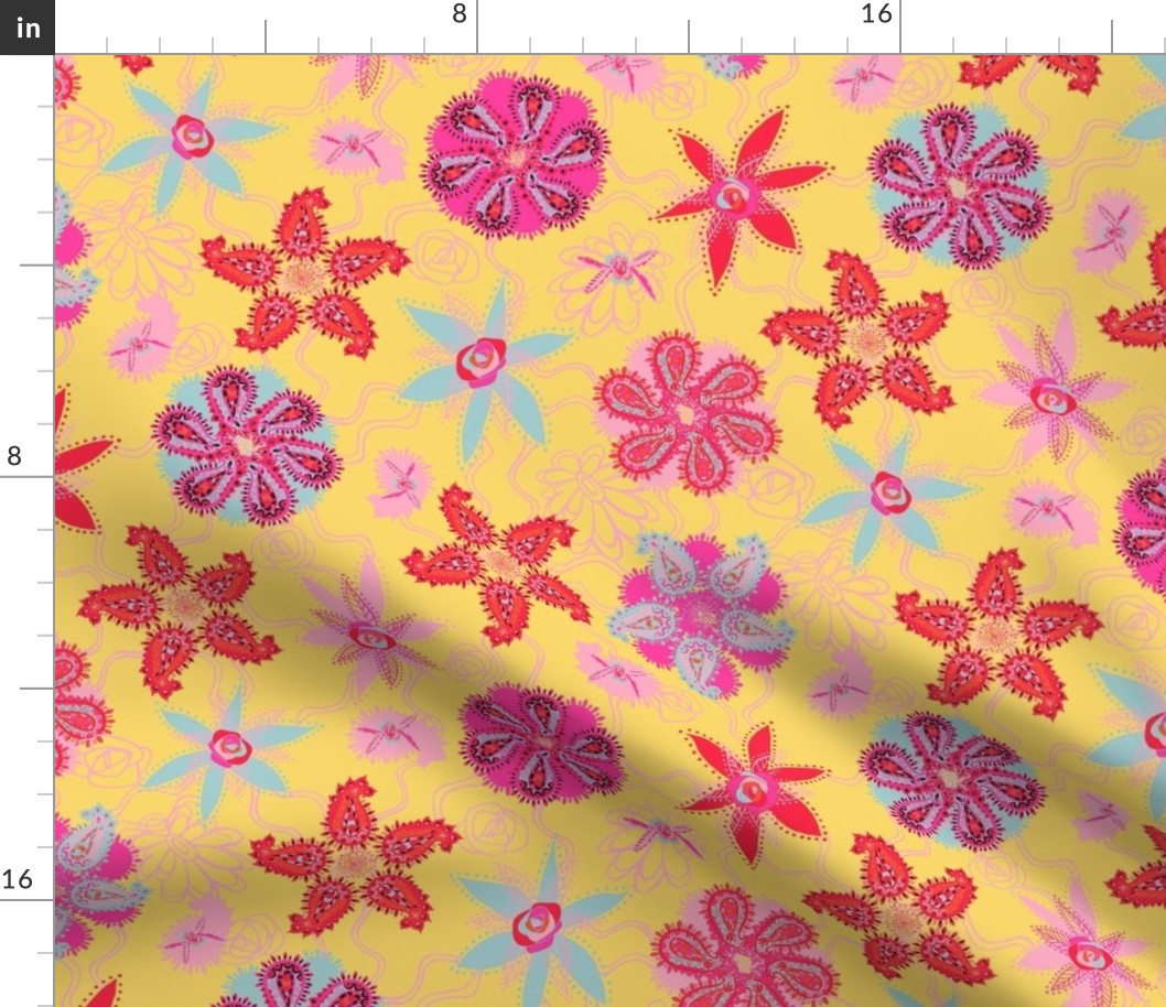 Paisley Beach Boho  Flowers - Lemon/Candy Pink/Juicy Red - 12 inch