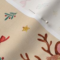 Watercolor Reindeer and Stars Cream Cotton