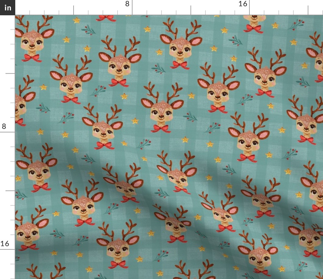 Watercolor Reindeer and Stars Green Gingham