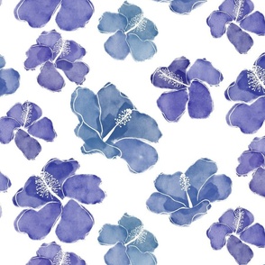 Hibiscus Watercolor Denim Blue on White Medium 250