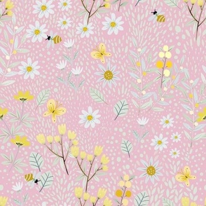 (M)-Retro Wildflowers-Meadow Field-Mid-Century Modern-Cottage Floral Pattern-Grandmillennial-Hand drawn-Baby Pink-Yellow