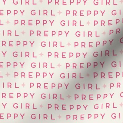 in bubblegum pink preppy girl written on off white , back to school text for girls in small scale