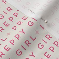 in bubblegum pink preppy girl written on off white , back to school text for girls in small scale