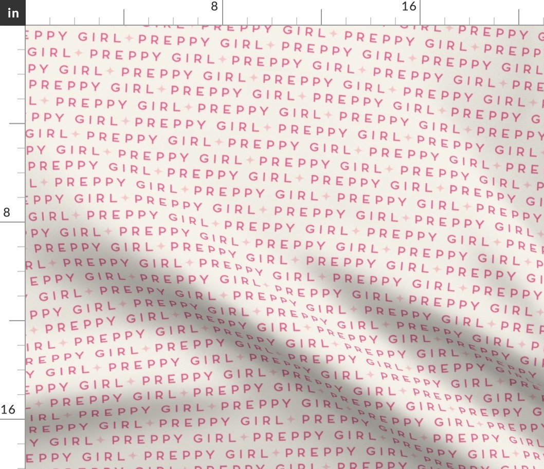 in bubblegum pink preppy girl written on off white , back to school text for girls in small scale