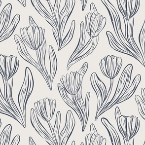 Modern Victorian tulips | Outline | Large | Limited color palette | Platinum and Slate blue