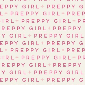 in bubblegum pink preppy girl written on off white , back to school text for girls in medium scale