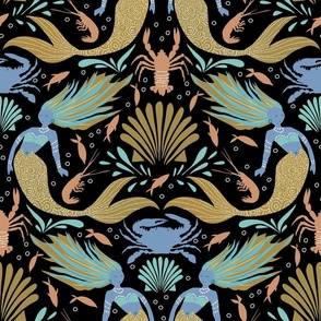 (L) Mermaid Dance Damask with Crabs, Lobsters, Scallops and Fish Gold on Black