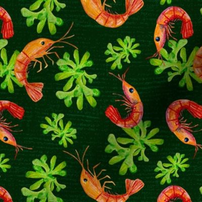 Bright Textured Shrimp and Moss Pattern Dark Background