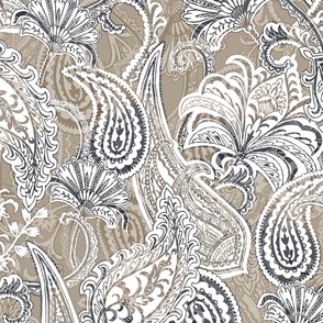 Beige and Gray Paisley Print with abstract flowers. Oriental drop shaped motif. Indian Ornament