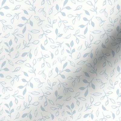Multidirectional Tossed Leaf Sprigs and Branches - Pastel Ice Blue and White - Small Scale - Hand-Drawn Ditsy Botanical for Cottagecore, Springtime, and Wedding Styles