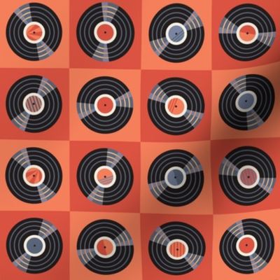 Vintage vinyl records checkerboard pattern - red