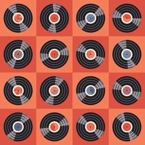 Vintage vinyl records checkerboard pattern - red