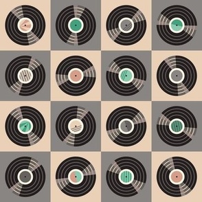 Vintage vinyl records checkerboard pattern - gray and pink