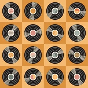 Vintage vinyl records checkerboard pattern - ochre