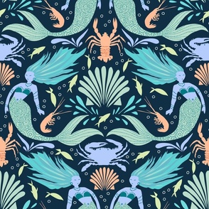 (L) Mermaid Dance Damask with Crabs, Lobsters, Crustacean Core Bright on Dark Blue