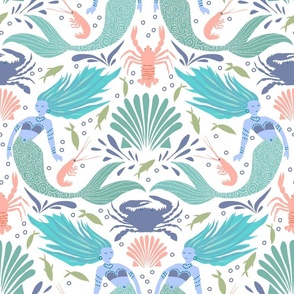 (L) Mermaid Dance Damask with Crabs, Lobsters, Crustacean Core Pastel on White