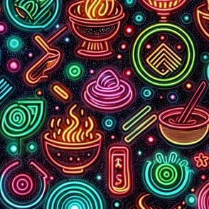 Japanese Food Neon Glowing Signs at Night