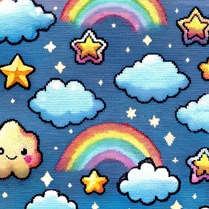 Kawaii Stars Clouds and Rainbow Pixel Art