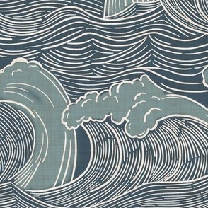 Large / Vintage Ocean Waves in Juniper on Navy Linen