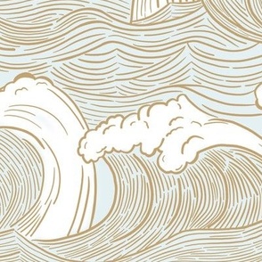 Large / Vintage Ocean Waves in Driftwood on Pale Blue