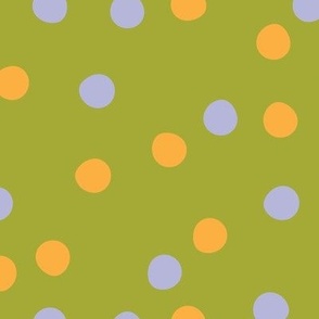 Festive Party Polka Dots Tossed in Light Orange and Pale Blue on Green