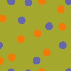Festive Party Polka Dots Tossed in Pumpkin Orange and Periwinkle on Green