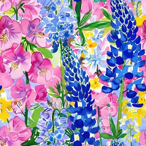 Lupin and Hollyhocks watercolor 