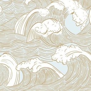 Vintage Ocean Waves in Driftwood on Pale Blue