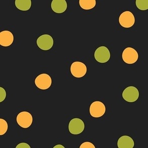 Festive Party Polka Dots Tossed in Green and Light Orange on Black