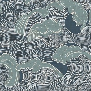 Vintage Ocean Waves in Juniper on Navy