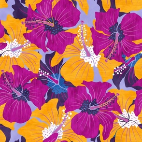 Tropical hibiscus Flowers. Retro floral pattern with tropical flowers. Night flowers.