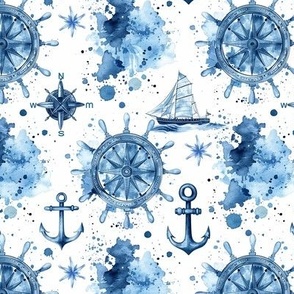 Nautical Blue and White Sea Theme Design with Anchor, Compass, Waves, Sailing