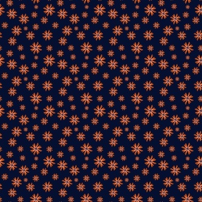 Hand Drawn Orange Flowers on Navy Background | Vintage floral | Simple Tossed Flowers in Orange and Pink on Dark Blue