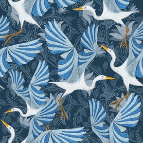 Blue Heron flying over the waters on a floral botanical background