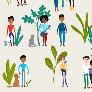 Urban people with their pets and plants