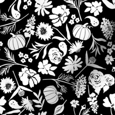 Fall Halloween Florals with Hiding Ghosts - Black & White 8”x8”