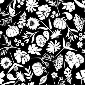 Fall Halloween Florals with Hiding Ghosts - Black & White 8”x8”