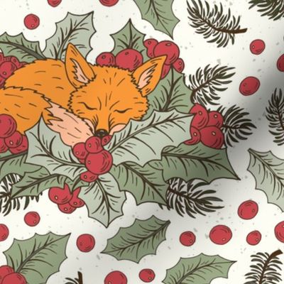 Little Foxy Sleeping in the Holly Bushes - Natural Christmas Collection - Natural BG