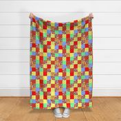 Small scale Cheater quilt pattern with 2" square color blocks in red, yellow, green, and blue