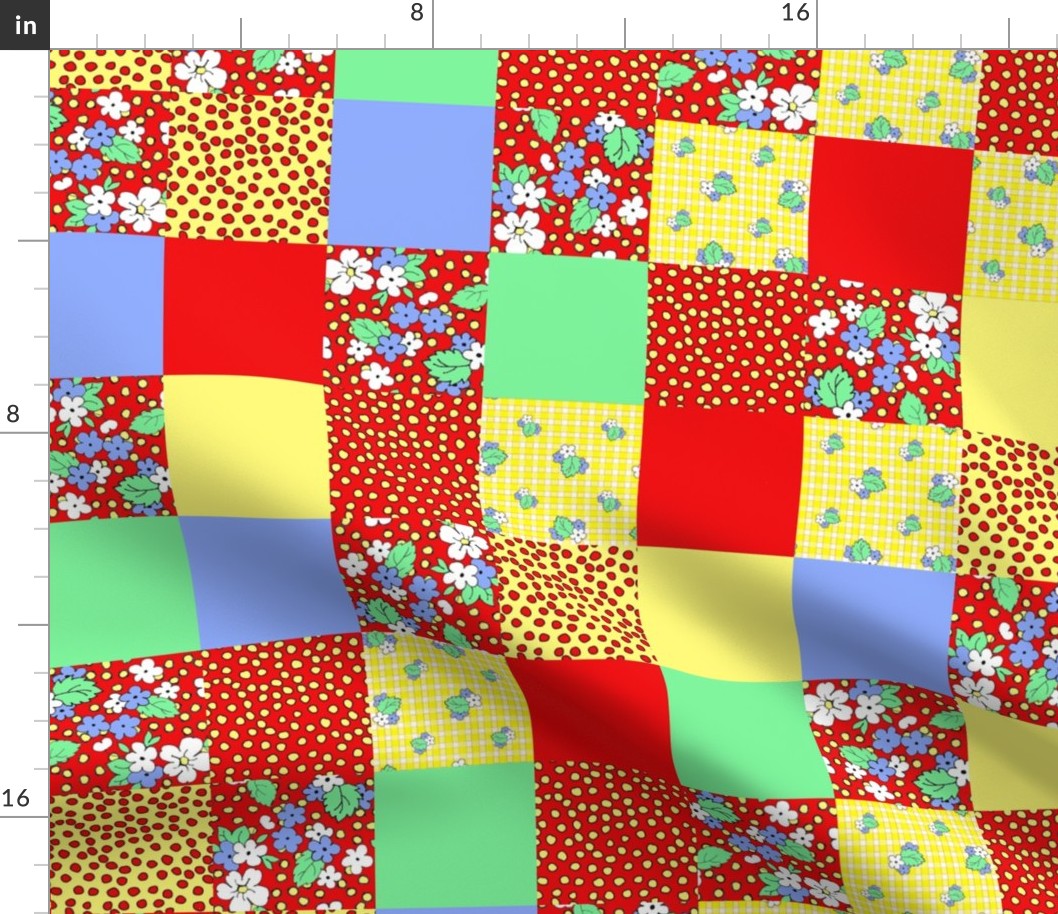 Small scale Cheater quilt pattern with 2" square color blocks in red, yellow, green, and blue