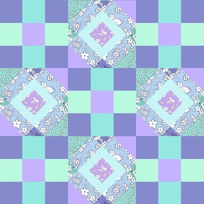 Cheater quilt in teal, blue and purple with geometric patterns.