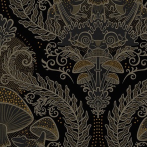 Frogs and Mushrooms Damask- Magic Forest- Ferns- Snails- Toads- Cottagecore- Arts and Crafts- Victorian- Hollywood Regency- Black and Brown- Taupe- Gold- Large