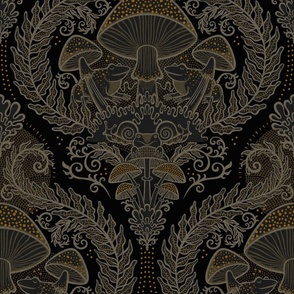 Frogs and Mushrooms Damask- Magic Forest- Ferns- Snails- Toads- Cottagecore- Arts and Crafts- Victorian- Hollywood Regency- Black and Brown- Taupe- Gold- Medium